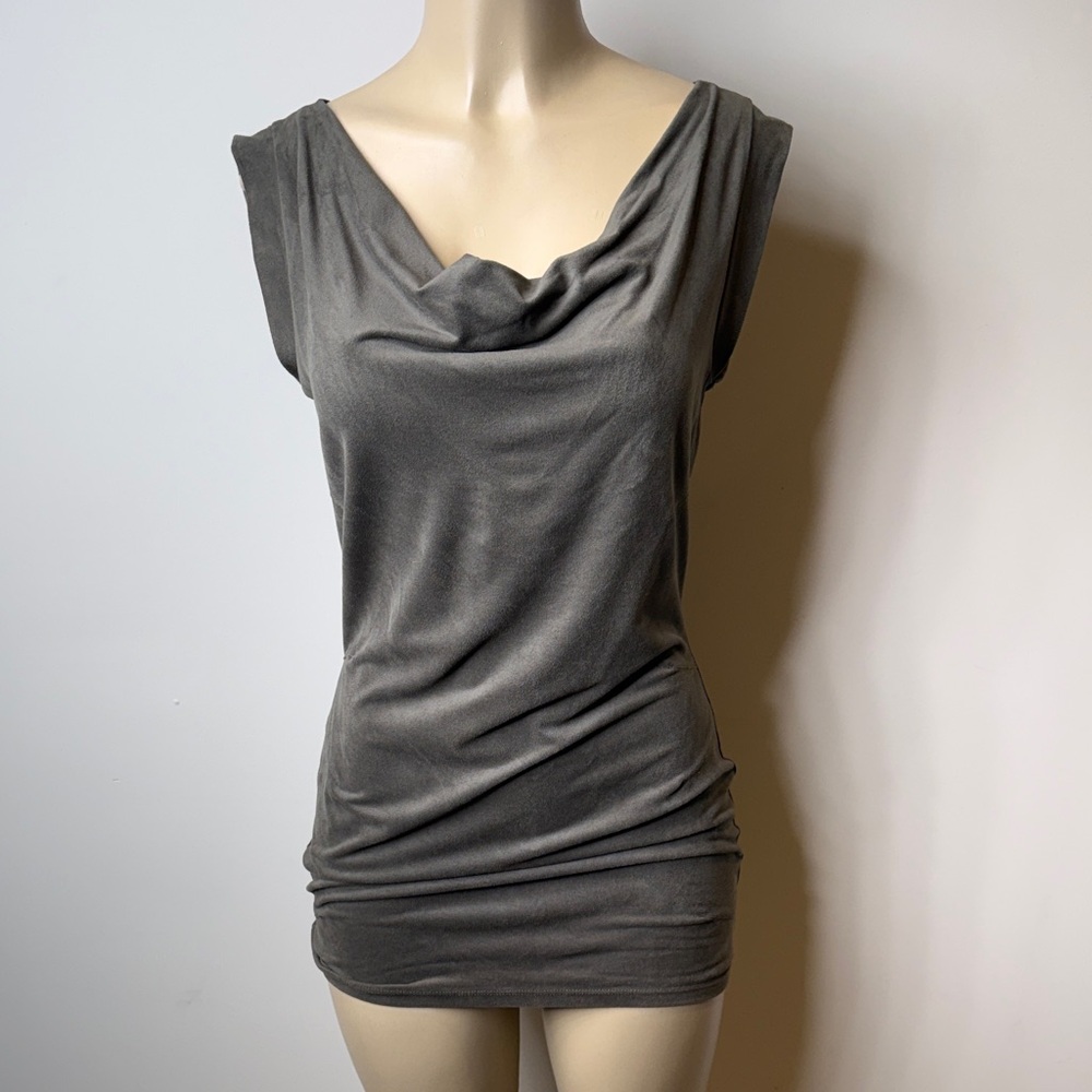 DKNY Gray Draped Suede like Cowl Neck Sleeveless Top
